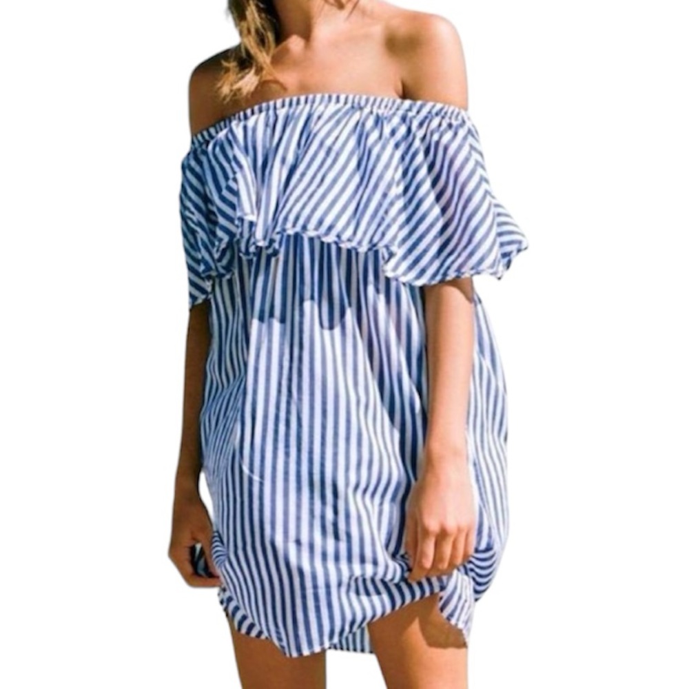 J. Crew Off-Shoulder Ruffle Blue & White Striped Dress – Size XXS